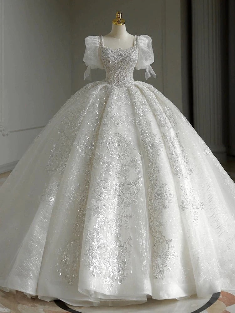 Pretty Ball Gown Square Neckline Short Sleeves Sequin White Wedding Dresses Brides Dress