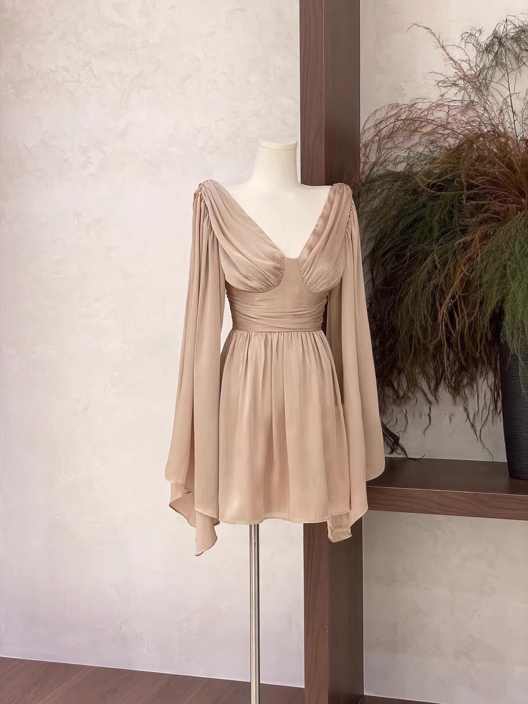 Simple A Line V Neckline Ruffled Long Sleeves Short Women's Holiday Dresses