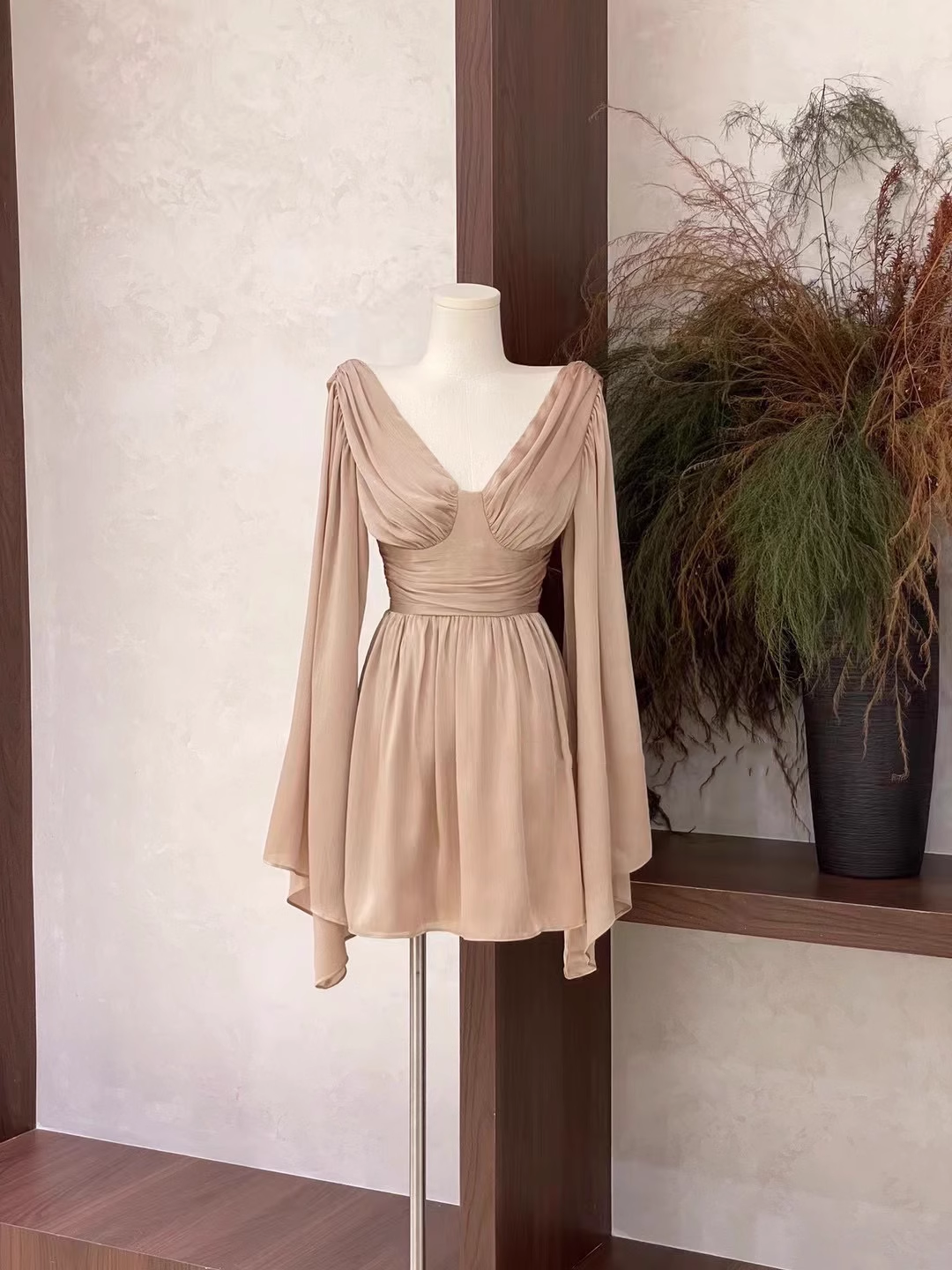 Simple A Line V Neckline Ruffled Long Sleeves Short Women's Holiday Dresses