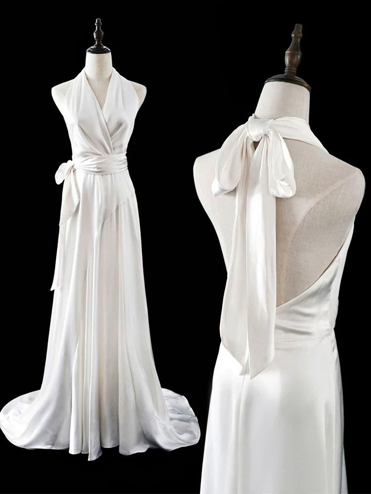 Timeless A line Halter Satin White Wedding Dresses Brides Dress