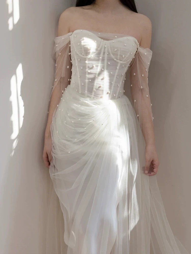 Timeless Mermaid Off The Shoulder White Tulle Long Wedding Dresses Bridal Dress