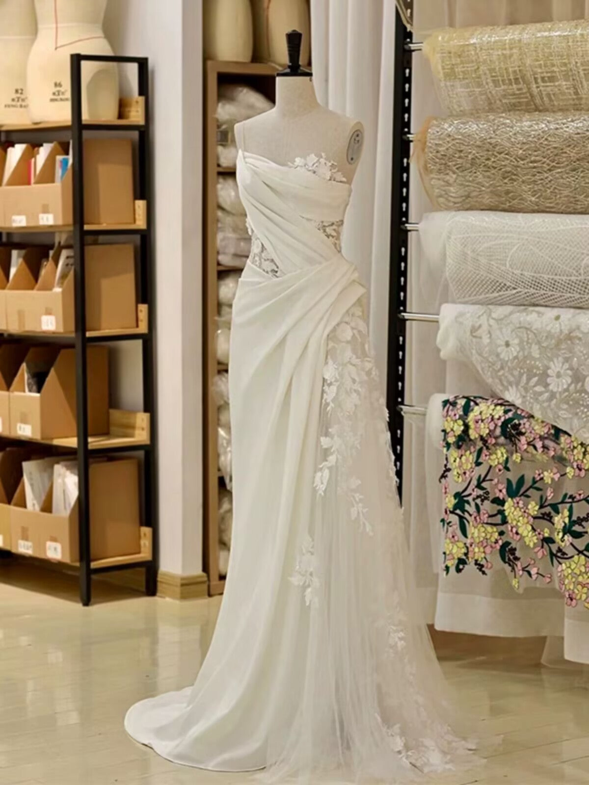 Timeless A line One Shoulder Lace Satin White Wedding Dresses Brides Dress
