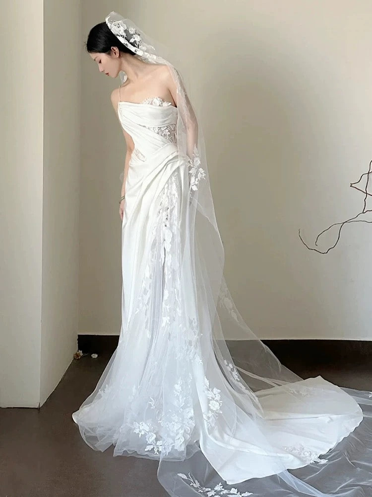Timeless A line One Shoulder Lace Satin White Wedding Dresses Brides Dress