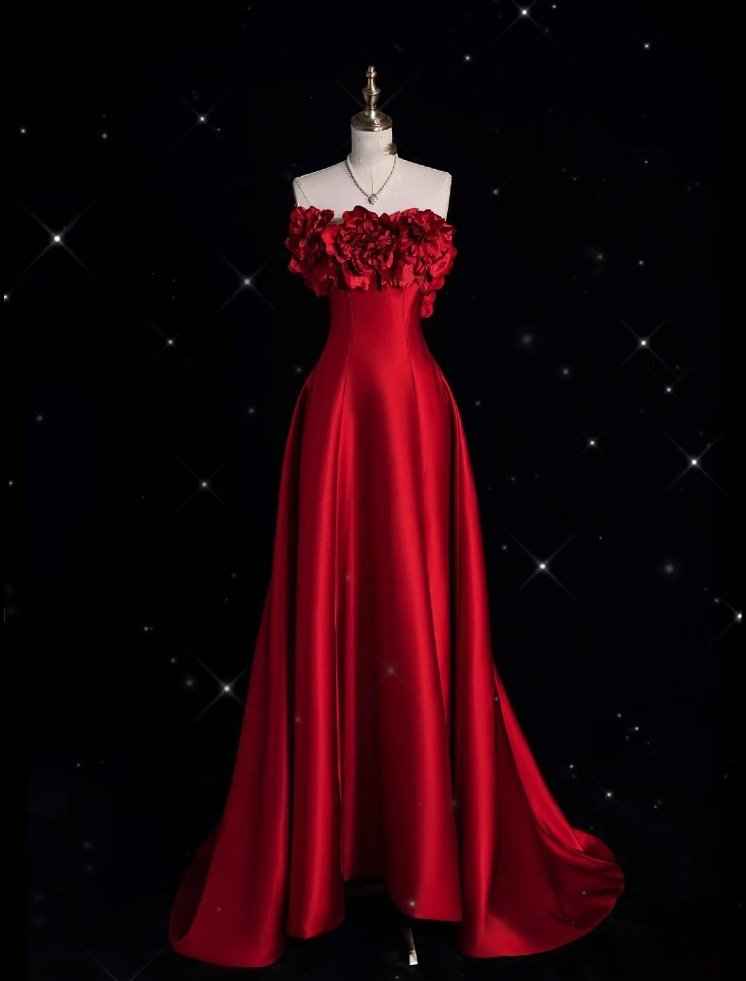 Pretty A line Strapless Satin Long Red Prom Dress Evening Dress Formal Dress