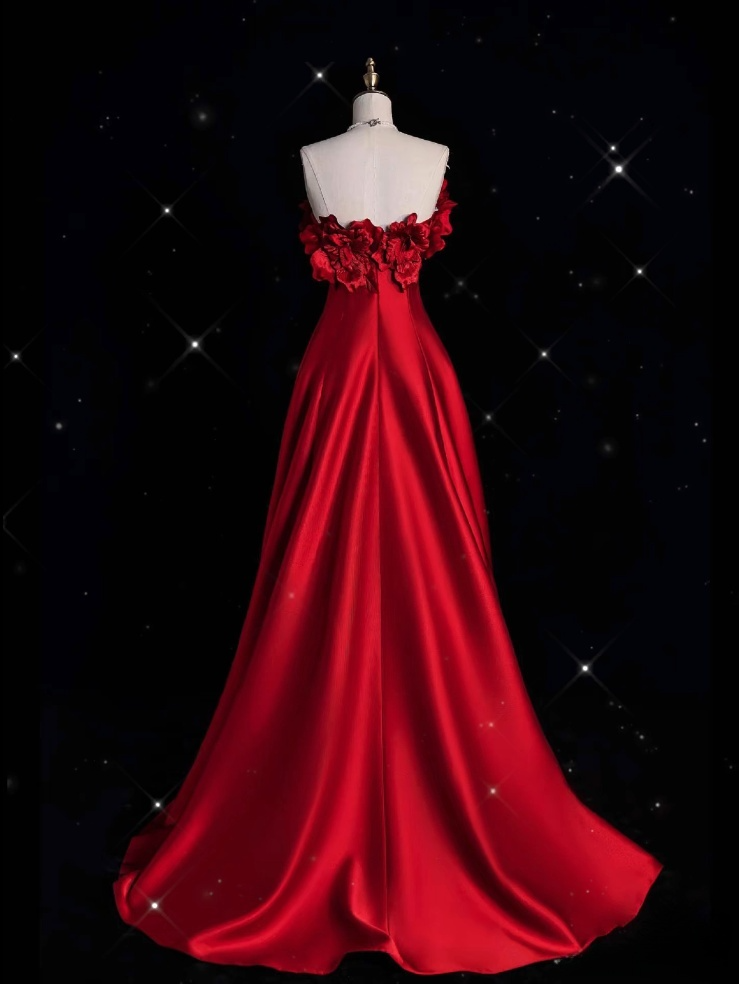 Pretty A line Strapless Satin Long Red Prom Dress Evening Dress Formal Dress