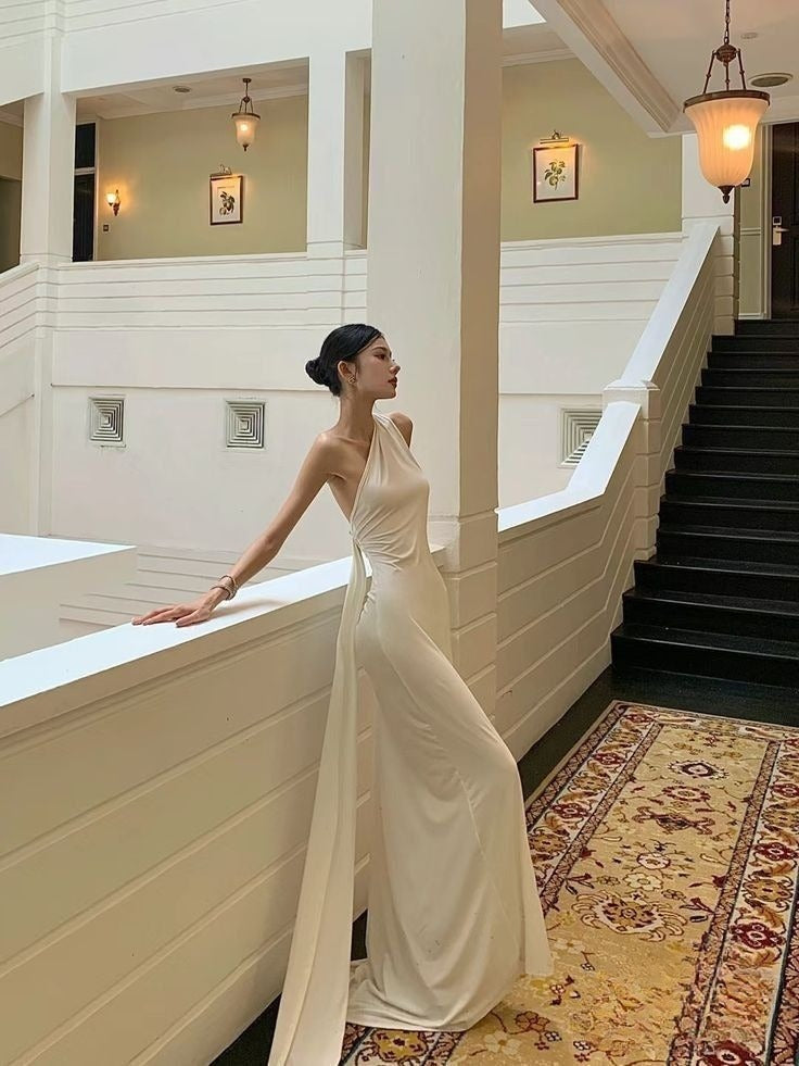 Mermaid One Shoulder Floor-length Sleeveless White Long Prom Dresses