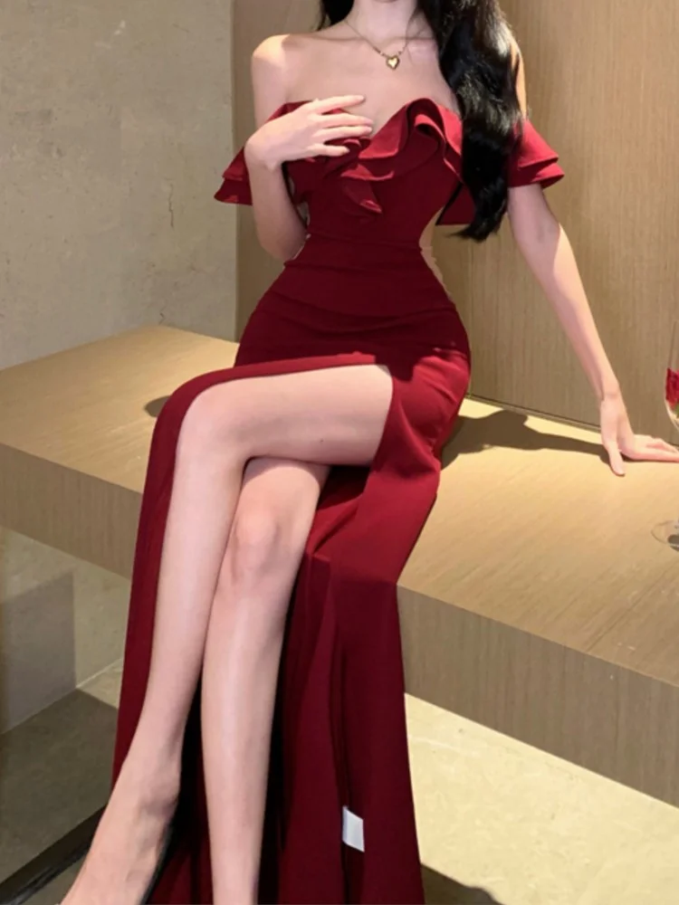 Mermaid Off The Shoulder Floor-length Burgundy Satin Slit Prom Dresses