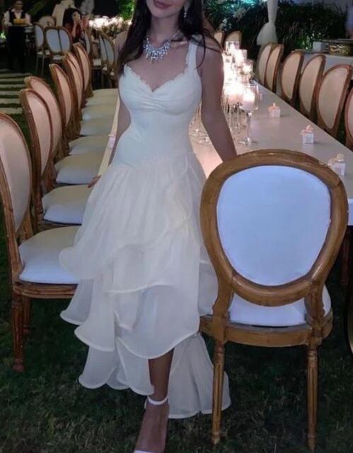 Sexy High Low Straps Neckline Sleeveless White Long Prom Dresses