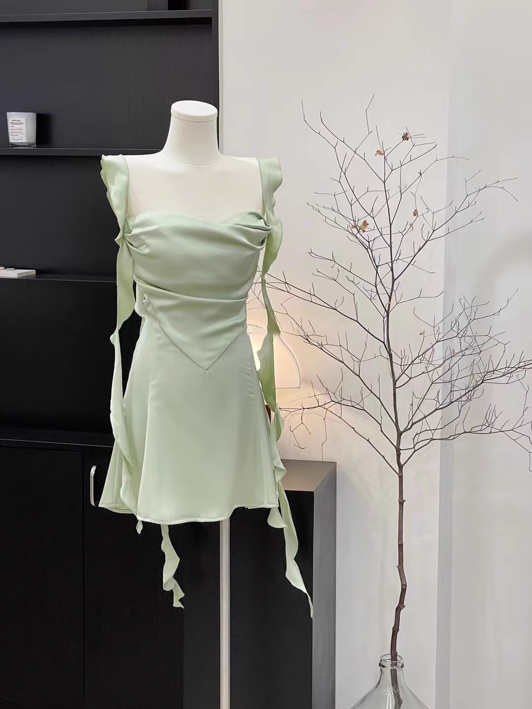 Sexy Sheath Straps Sleeveless Ruffled Sage Green Short Women's Holiday Summer Dresses