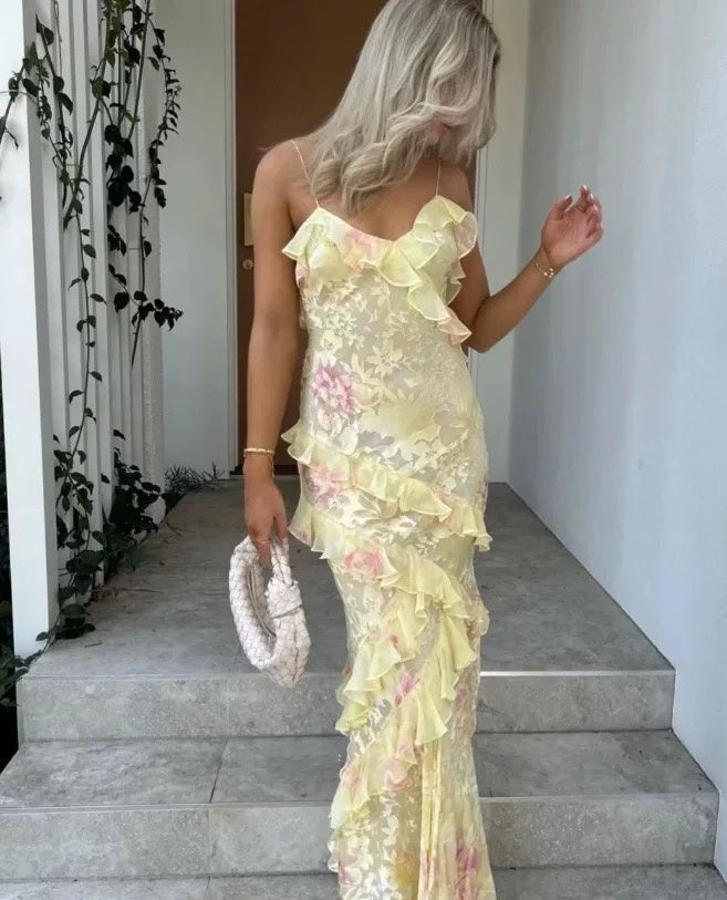 Gorgeous Mermaid Spaghetti Straps Floor Length Floral Yellow Chiffon Evening Dress Prom Dresses