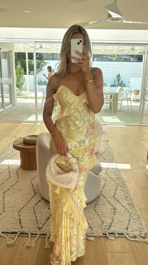 Gorgeous Mermaid Spaghetti Straps Floor Length Floral Yellow Chiffon Evening Dress Prom Dresses