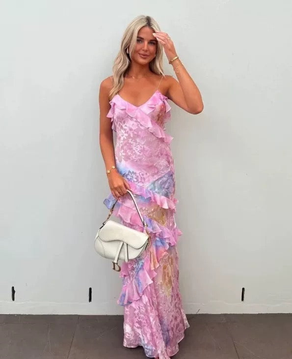 Gorgeous Mermaid Spaghetti Straps Floor Length Floral Yellow Chiffon Evening Dress Prom Dresses