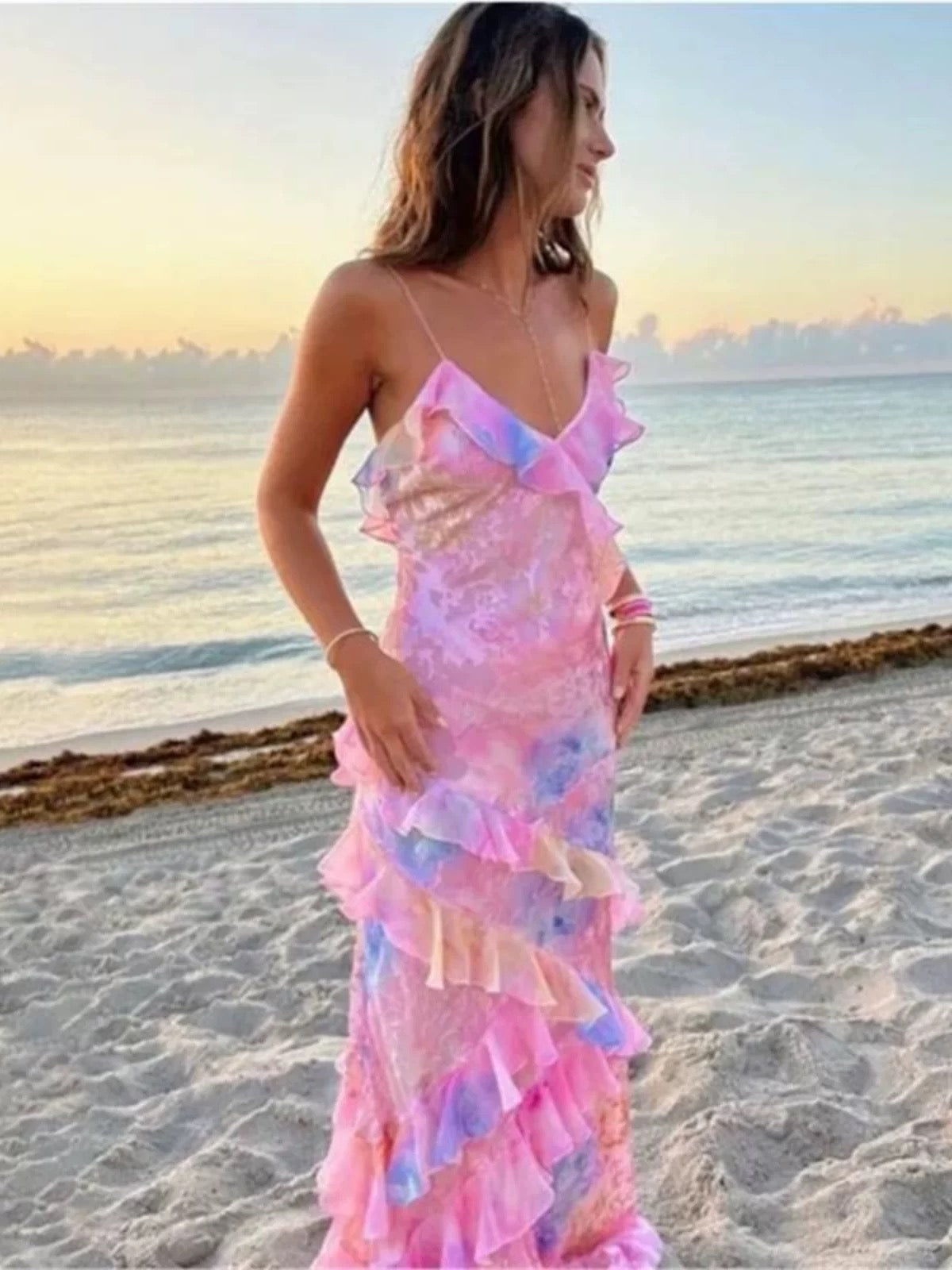 Gorgeous Mermaid Spaghetti Straps Floor Length Floral Yellow Chiffon Evening Dress Prom Dresses