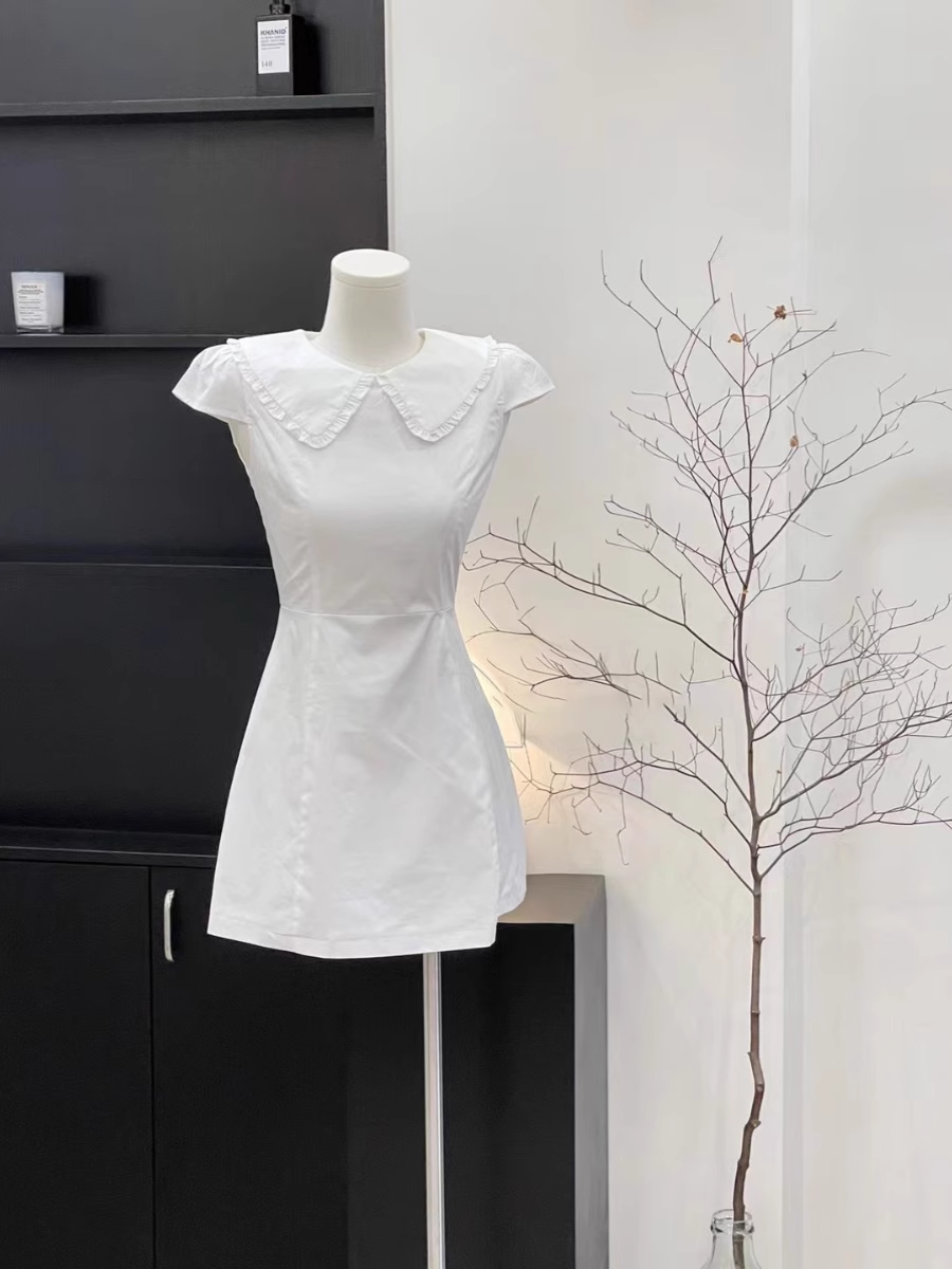 Cute A Line Doll Collar Sleeveless Cotton White Short Women's Holiday Summer Dresses