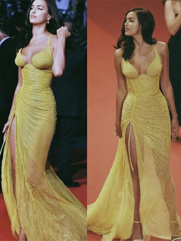 Gorgeous Mermaid Straps Floor-length Sequin Yellow Slit Evening Dress Prom Dresses