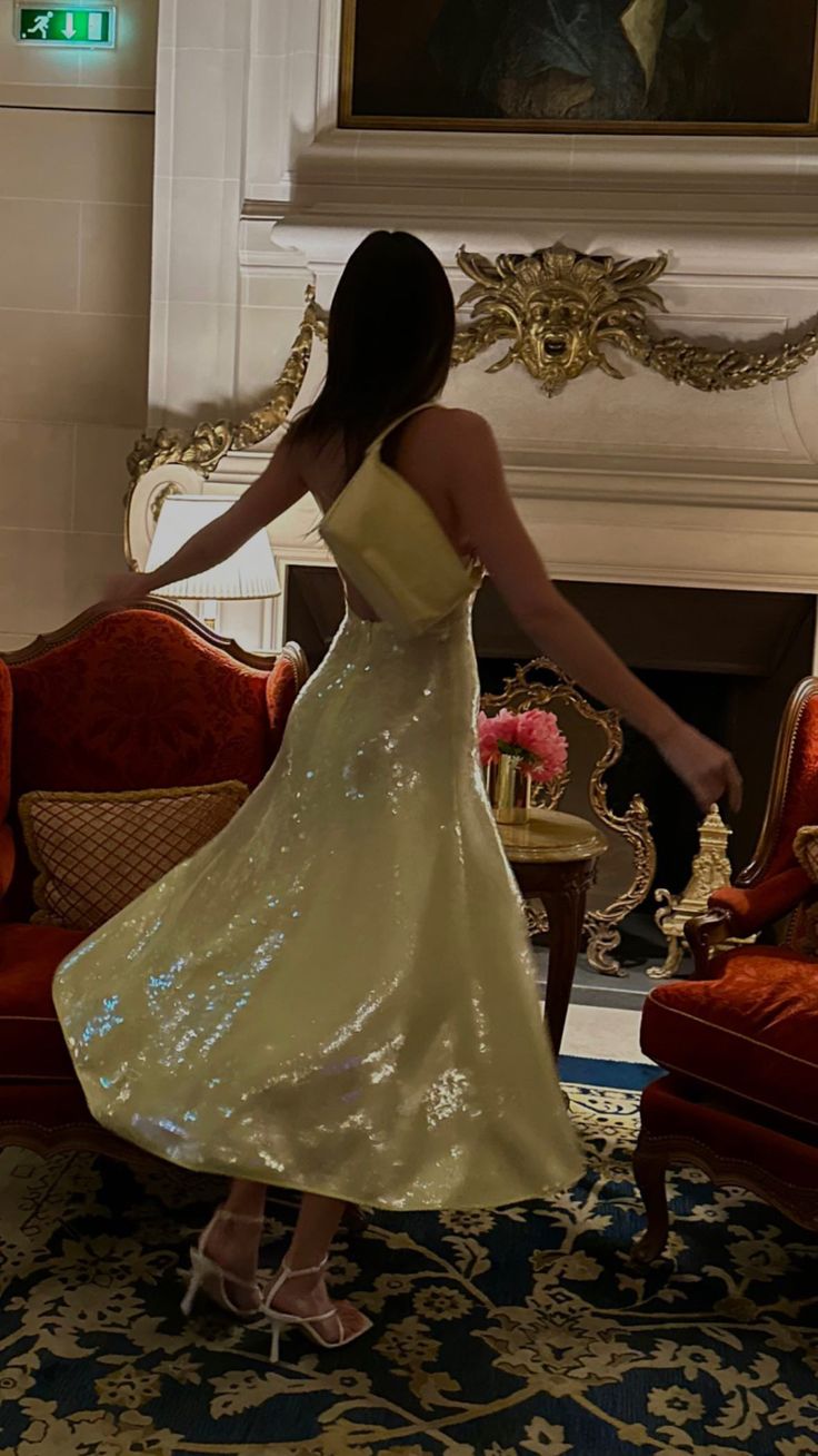 Gorgeous A line Halter Tea Length Yellow Sequin Evening Dress Prom Dresses