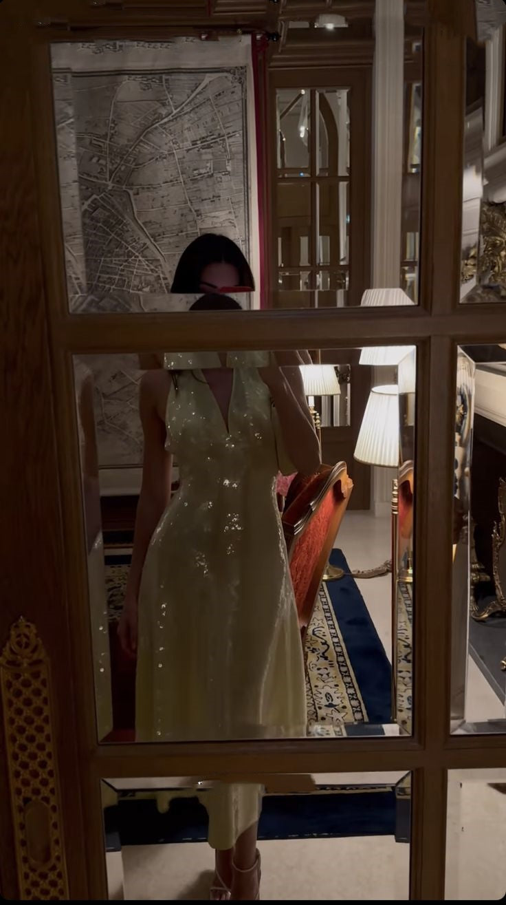Gorgeous A line Halter Tea Length Yellow Sequin Evening Dress Prom Dresses