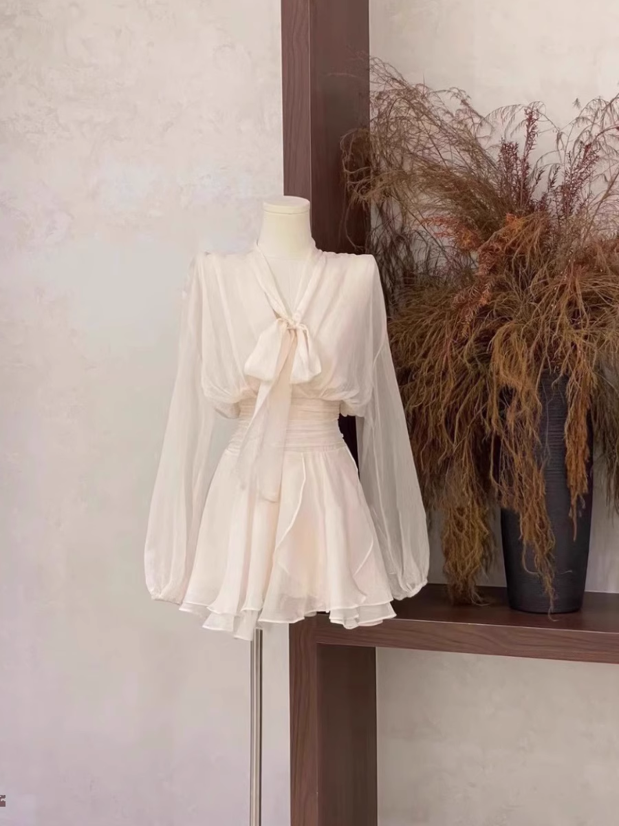 Cute 2 Pieces Long Sleeves Camisole Ivory Women's Short Vacation Dresses
