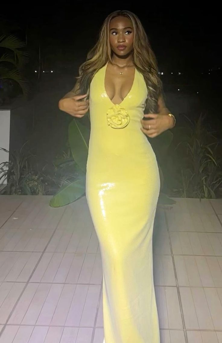 Classy Mermaid V Neckline Sequin Yellow Long Evening Dress Prom Dresses