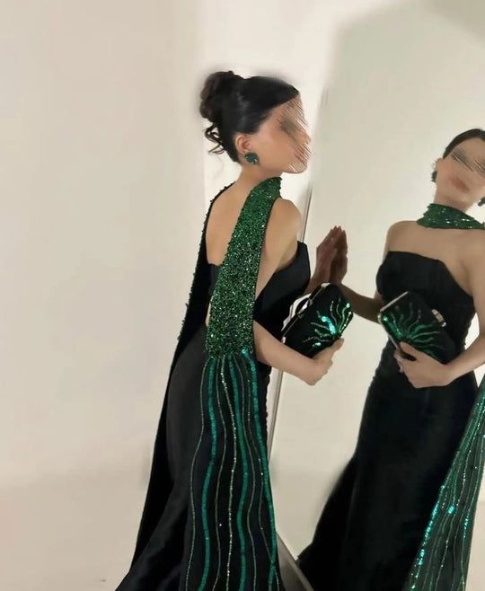 Classy Mermaid Strapless Black Satin Long Evening Dress Prom Dresses With Ribbon