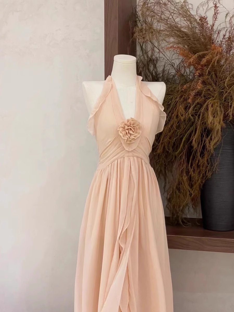 Sexy A Line Halter Ruffled Chiffon Long Women's Holiday Dresses