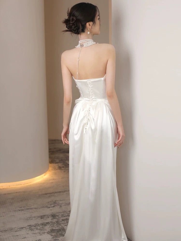 Unique Mermaid Strapless Pleats Long White Satin Wedding Dresses