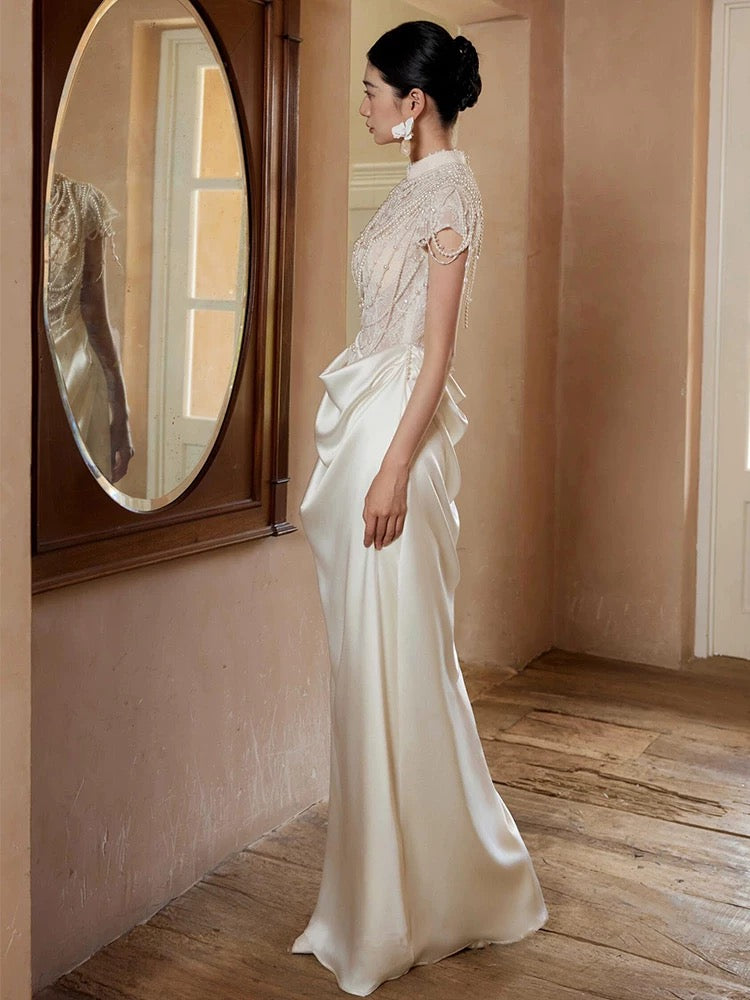 Unique Mermaid High Neckline Pearls Pleats Long White Satin Wedding Dresses