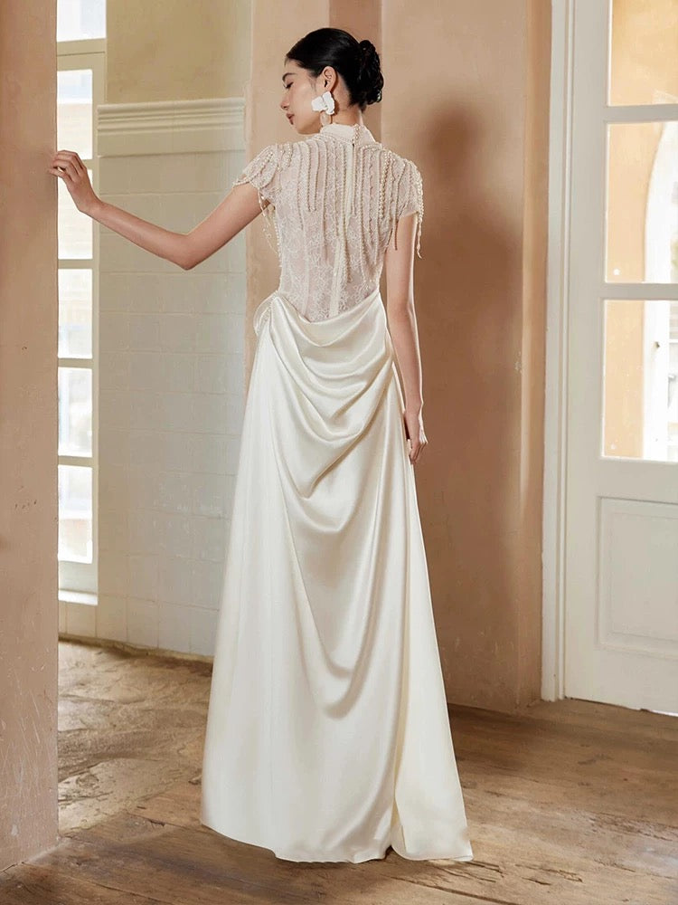 Unique Mermaid High Neckline Pearls Pleats Long White Satin Wedding Dresses