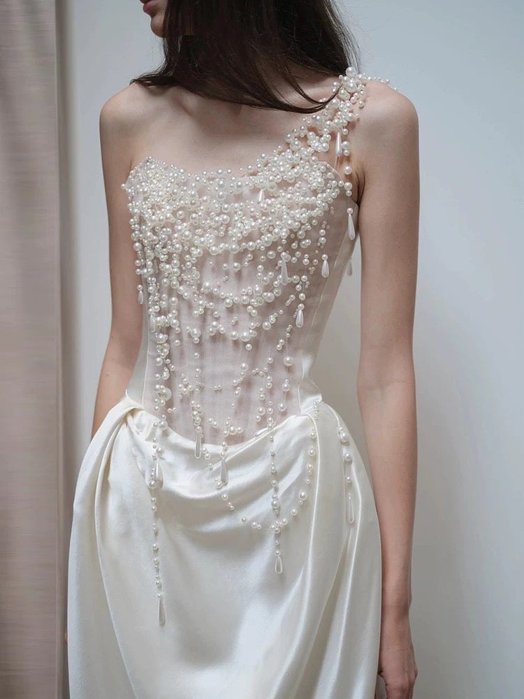 Unique Mermaid One Shoulder Pearls Pleats Long White Satin Wedding Dresses