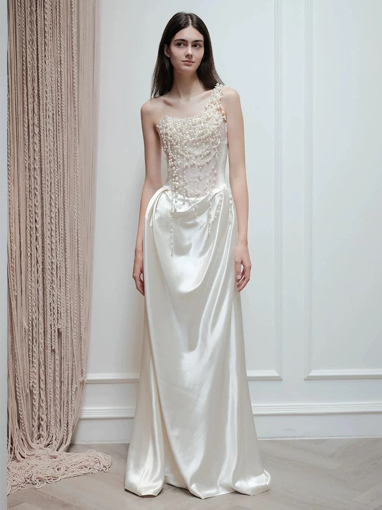 Unique Mermaid One Shoulder Pearls Pleats Long White Satin Wedding Dresses