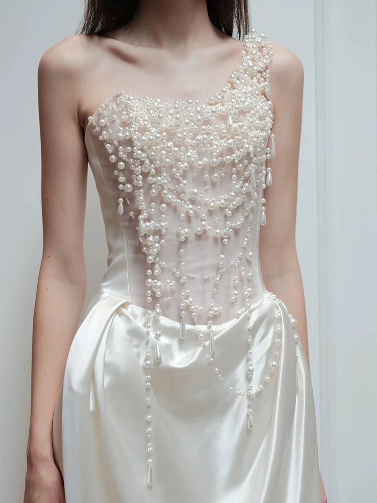 Unique Mermaid One Shoulder Pearls Pleats Long White Satin Wedding Dresses