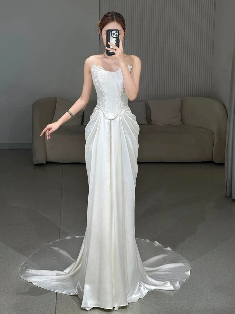 Unique Mermaid Strapless Pleats Long White Satin Lace Wedding Dresses Brides Dress