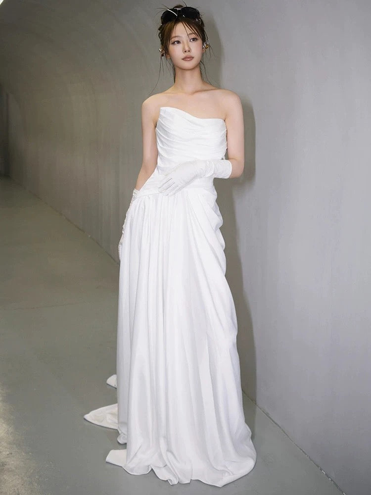 Unique Mermaid Sweetheart Pleats White Satin Ruffles Wedding Dresses