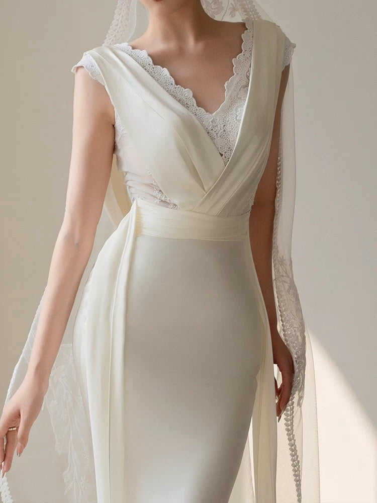 Unique Mermaid V Neckline Lace Pleats White Satin Ruffles Wedding Dresses
