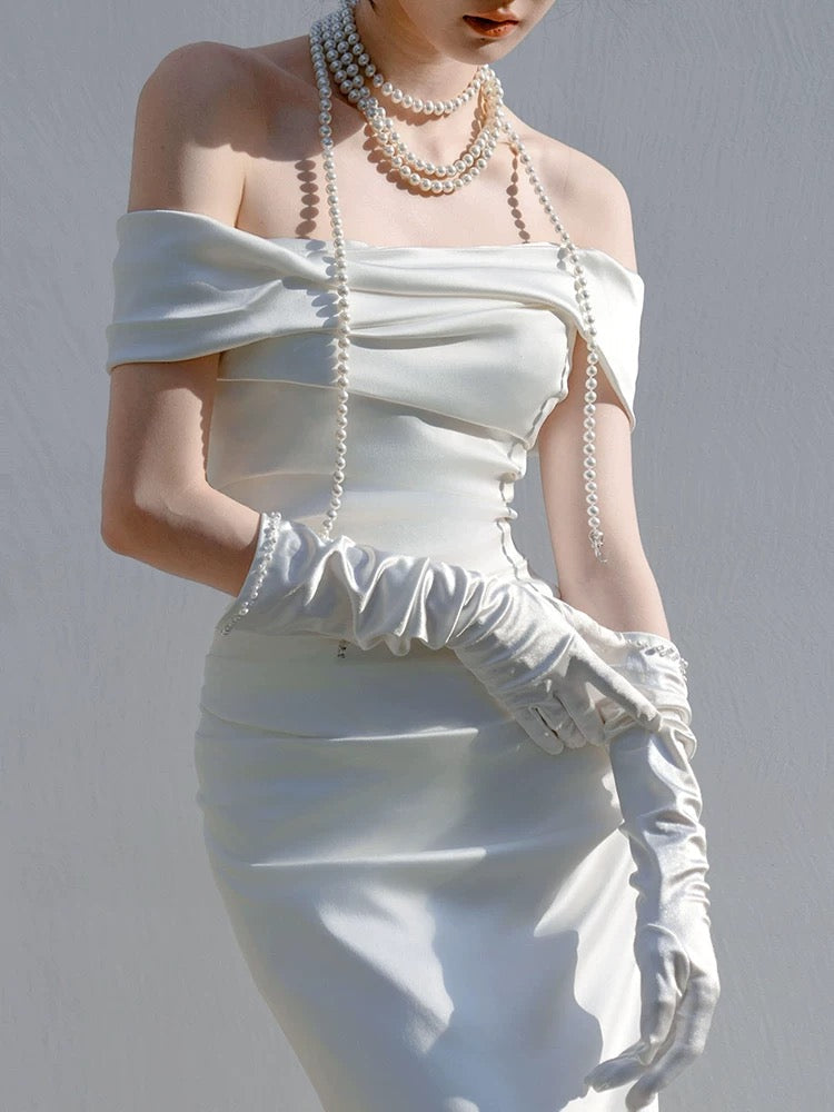 Unique Mermaid Off The Shoulder Pleats Satin Wedding Dresses Brides Dress