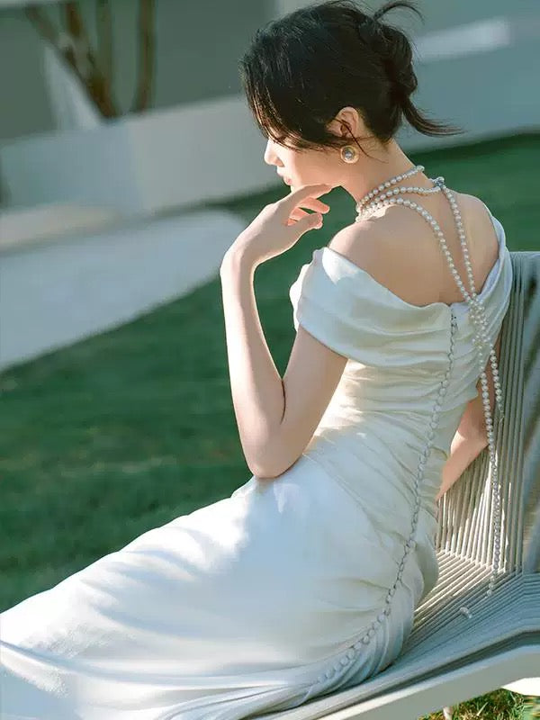 Unique Mermaid Off The Shoulder Pleats Satin Wedding Dresses Brides Dress