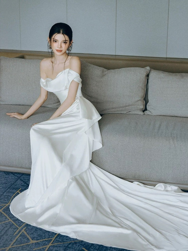 Unique Mermaid Off The Shoulder Pleats Satin Wedding Dresses Brides Dress