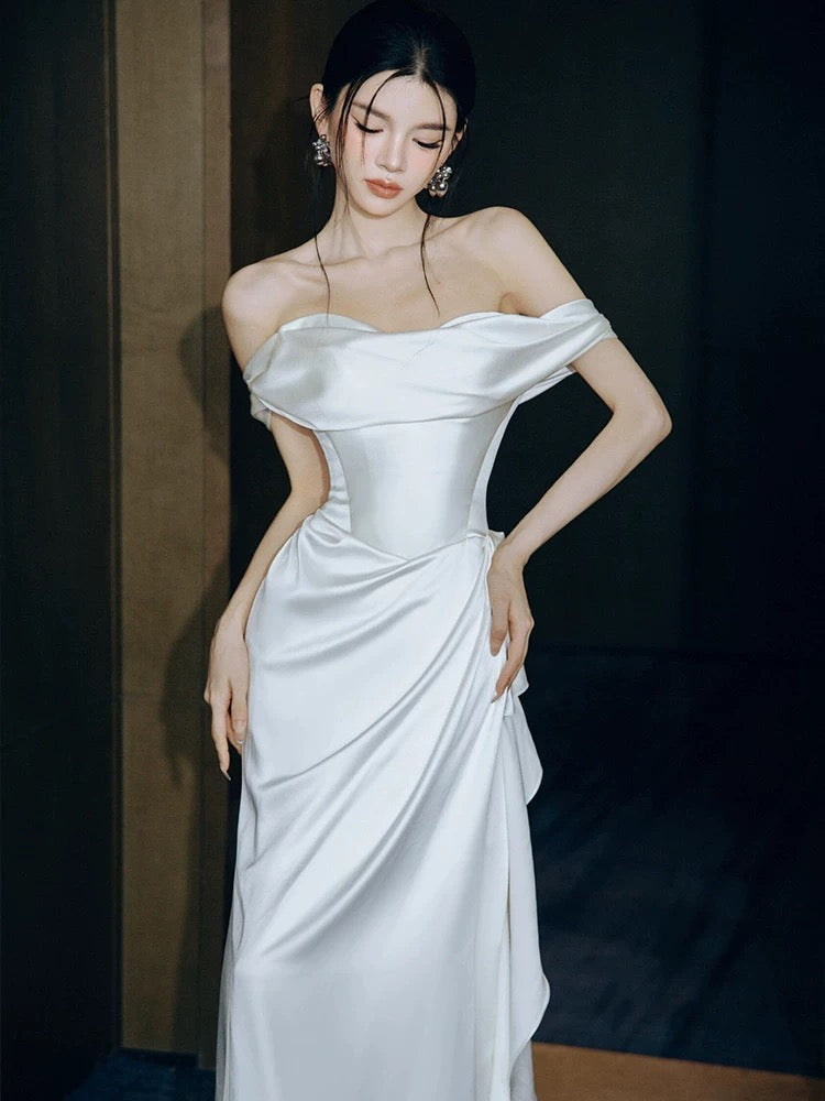 Unique Mermaid Off The Shoulder Pleats Satin Wedding Dresses Brides Dress