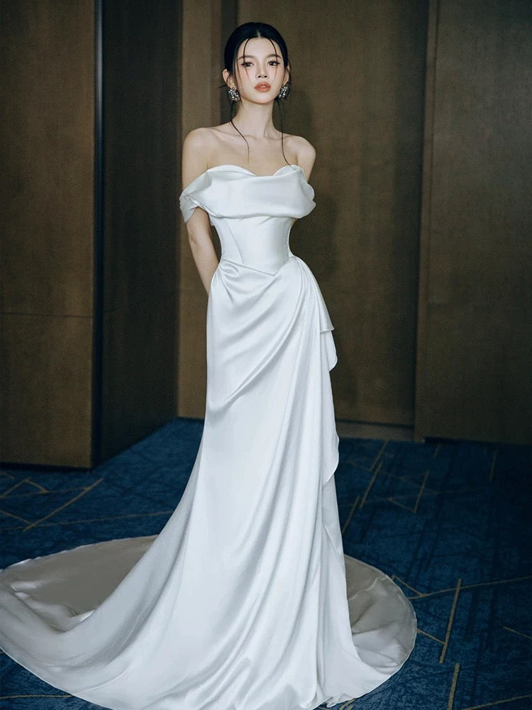 Unique Mermaid Off The Shoulder Pleats Satin Wedding Dresses Brides Dress