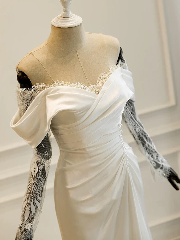 Unique Mermaid Off The Shoulder Pleats Satin Long Sleeves Wedding Dresses Brides Dress