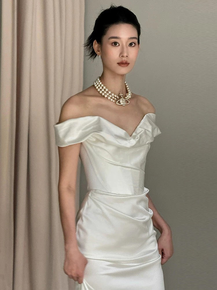 Unique Mermaid Off The Shoulder Pleats Satin Short Sleeves Wedding Dresses Brides Dress