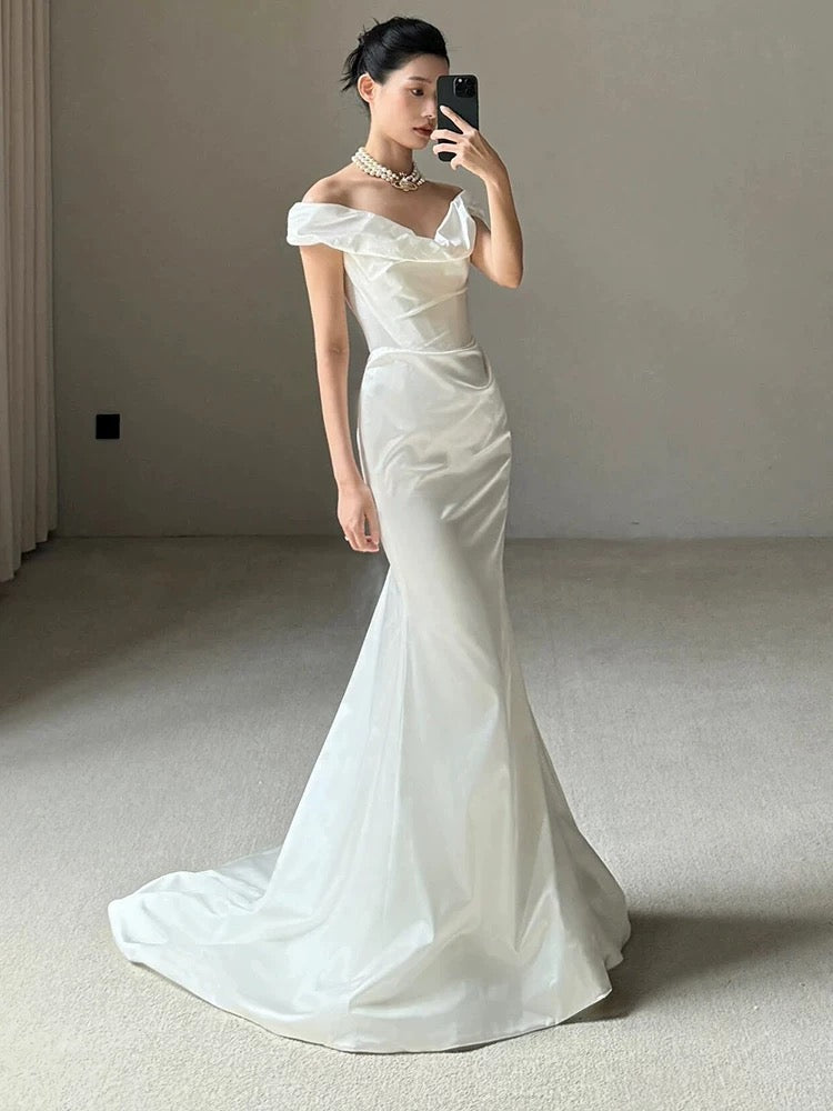 Unique Mermaid Off The Shoulder Pleats Satin Short Sleeves Wedding Dresses Brides Dress