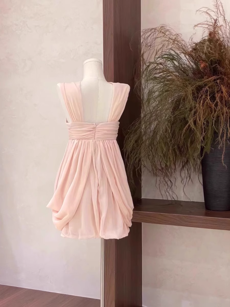 Sexy A Line Ruffled Chiffon Pink Short Women's Holiday Dresses