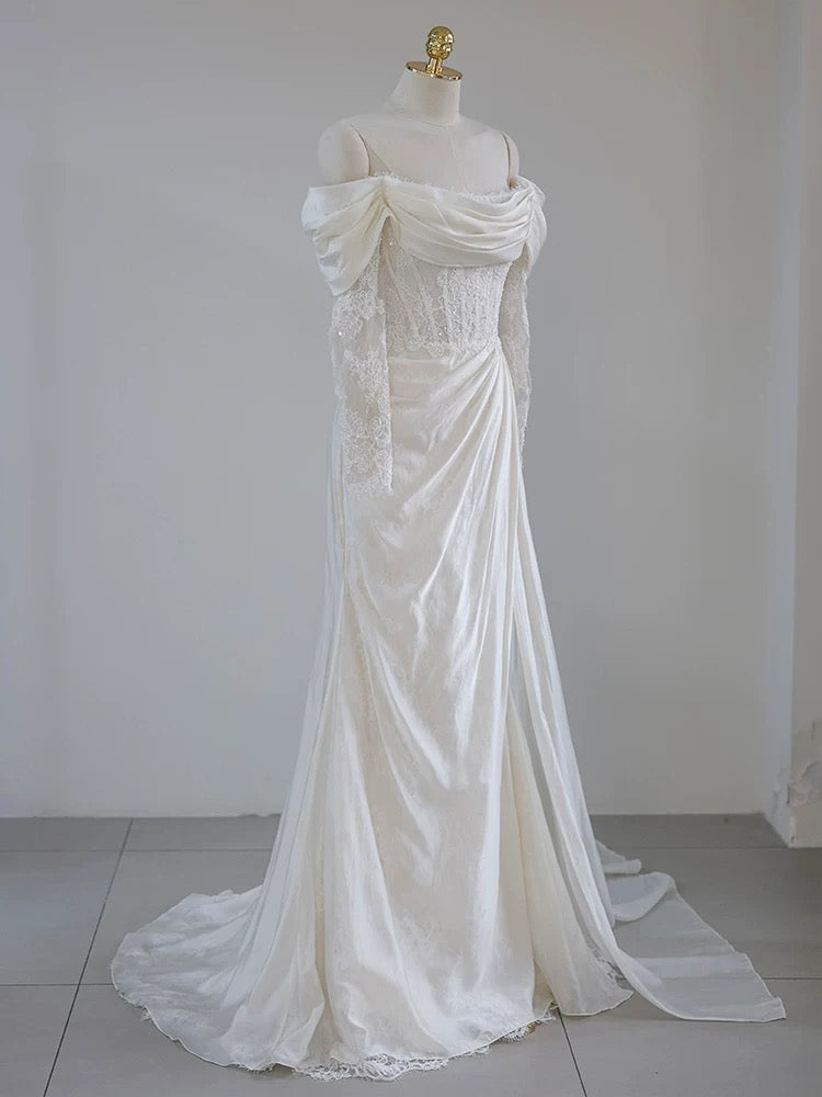 Unique Mermaid Off The Shoulder Pleats Satin Long Sleeves Wedding Dresses Brides Dress