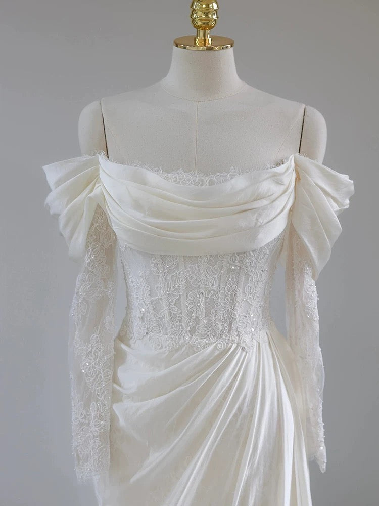 Unique Mermaid Off The Shoulder Pleats Satin Long Sleeves Wedding Dresses Brides Dress
