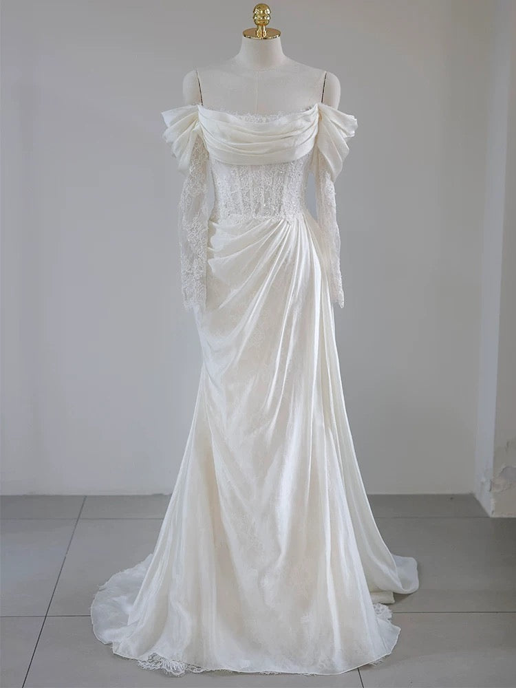 Unique Mermaid Off The Shoulder Pleats Satin Long Sleeves Wedding Dresses Brides Dress