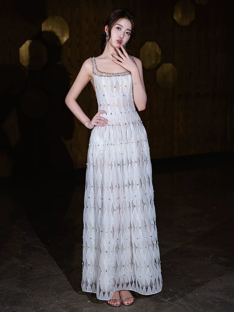 Pretty A-line Square Neckline White Long Prom Dress Evening Dress Formal Dress