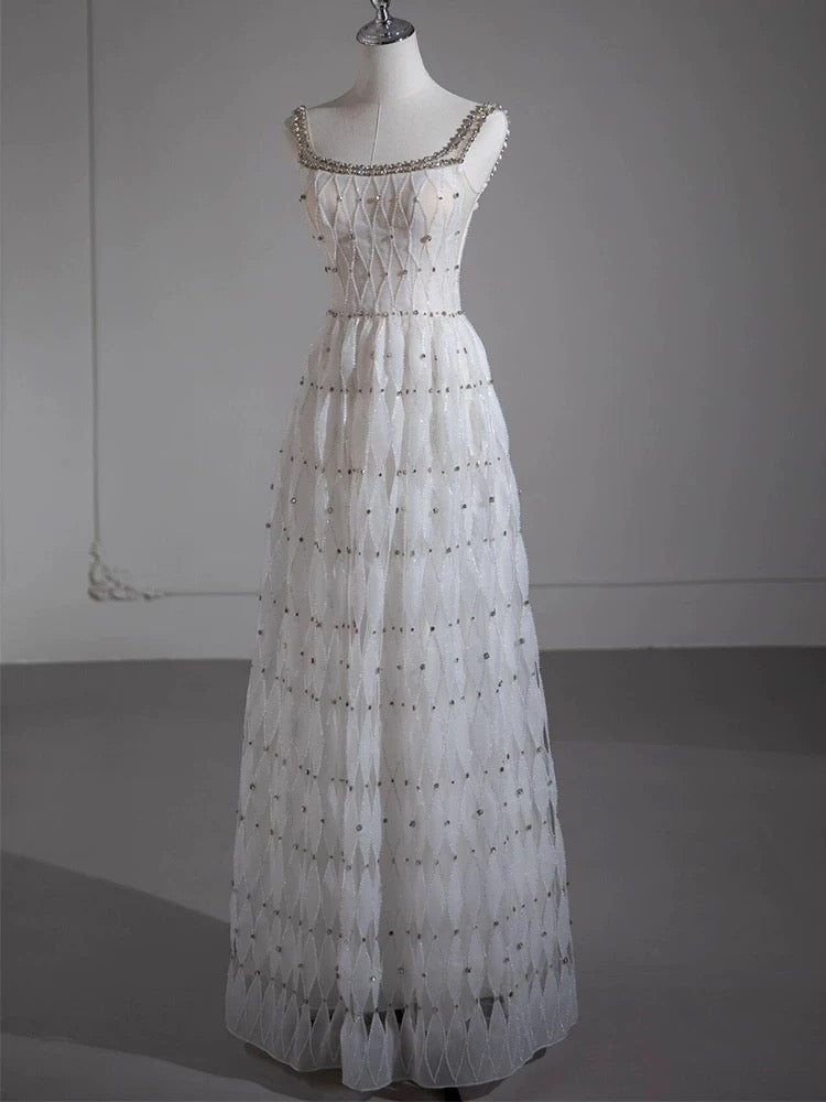 Pretty A-line Square Neckline White Long Prom Dress Evening Dress Formal Dress