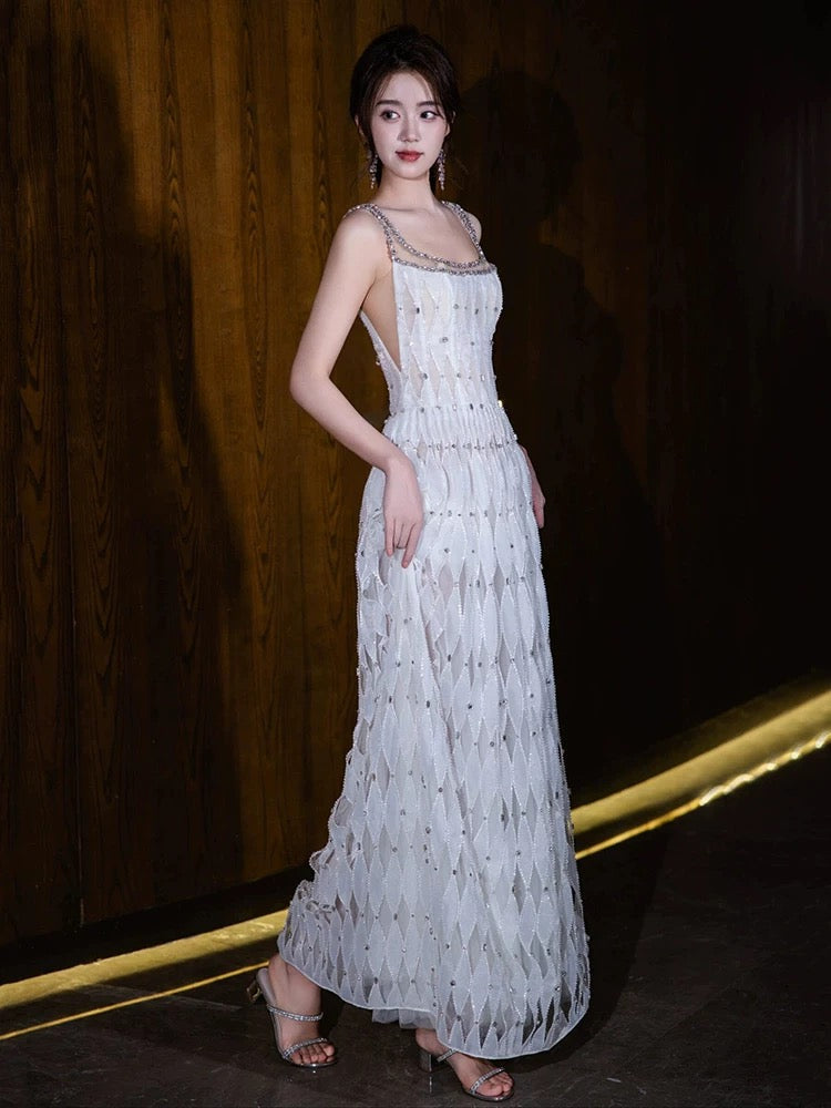 Pretty A-line Square Neckline White Long Prom Dress Evening Dress Formal Dress
