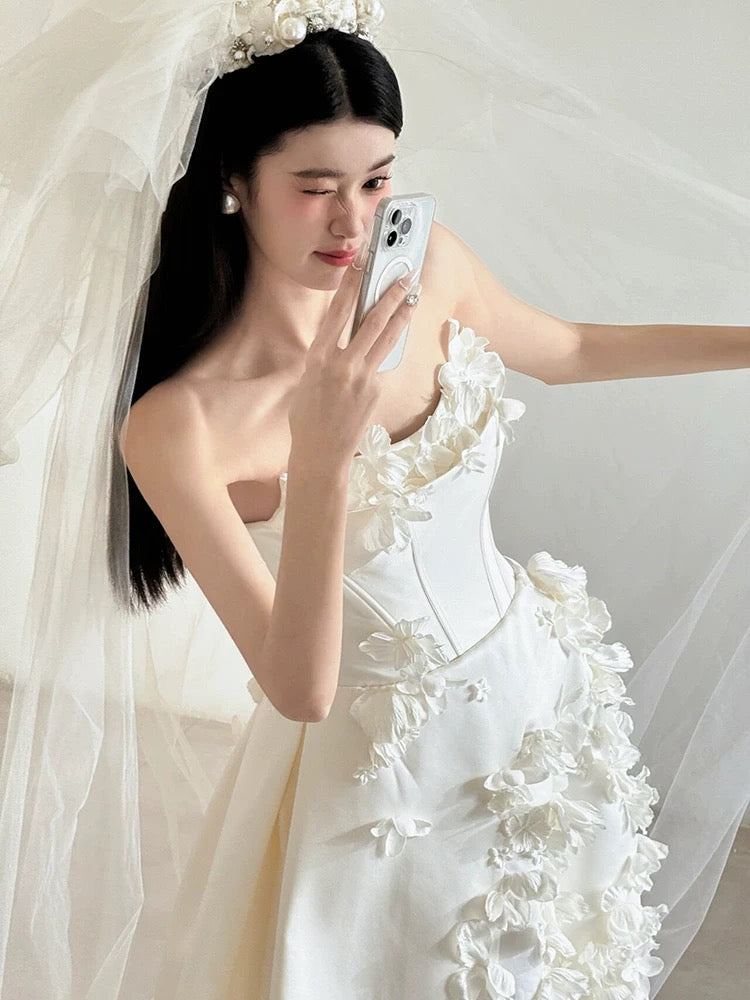 Unique Ball Gown Strapless Neckline Long White Satin Floral Wedding Dresses
